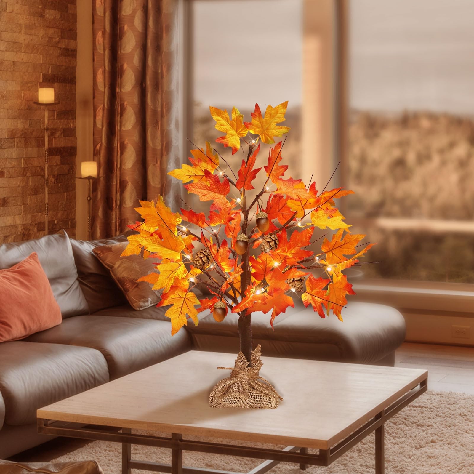 2FT 24 LED Fall Tree Lights USB/Battery Powered Lighted Maple 48 Leaves