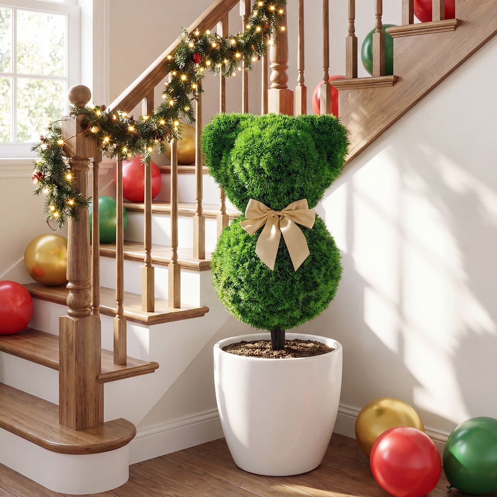2 Pcs Teddy Bear Topiary Trees, Sun-resistant Faux Boxwood Plants w/ Bowknot