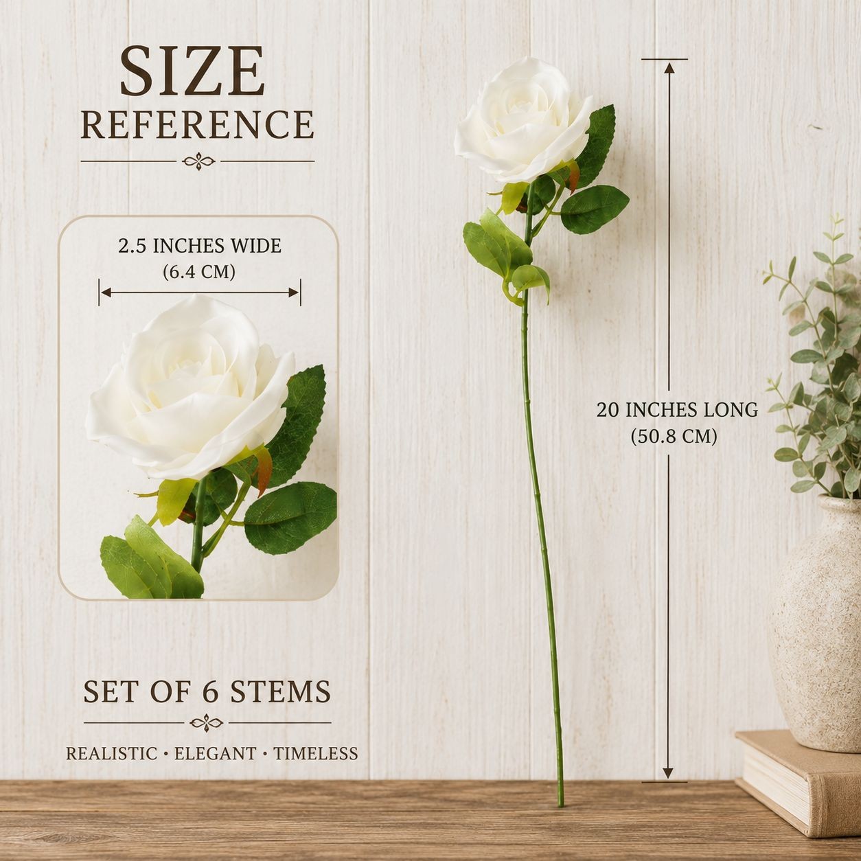 Set of 6 White Rose Stems Faux Roses Artificial White Flowers Farmhouse Wedding