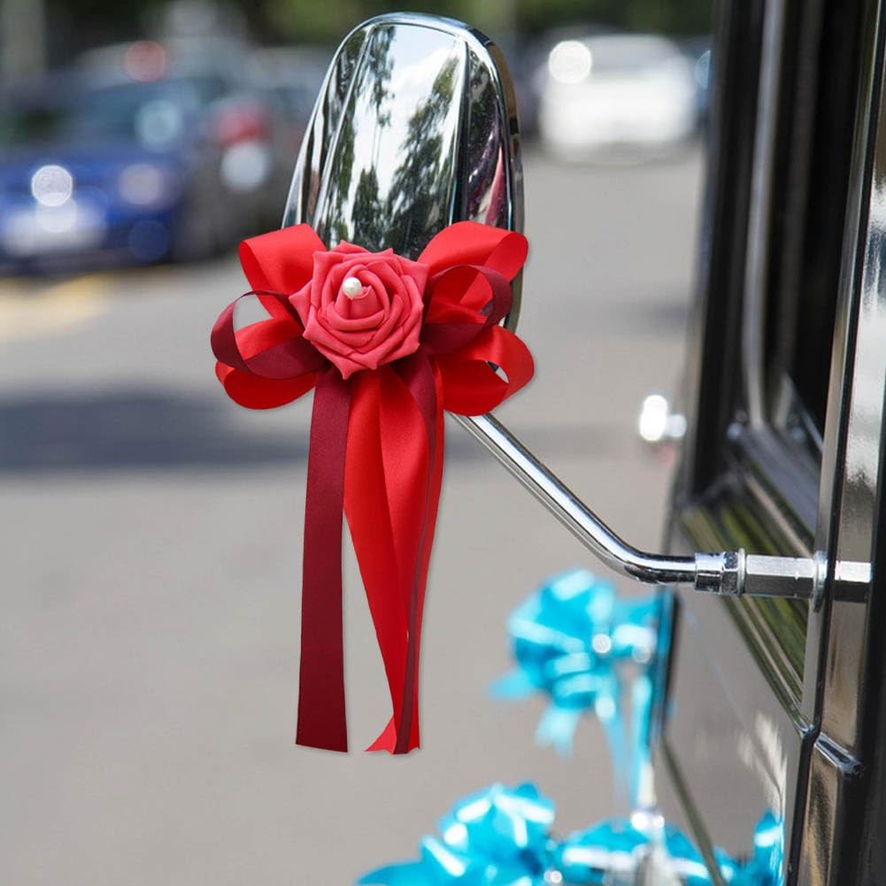 12 Pieces Wedding Car Flower Decoration Red Artificial Rose Ribbon Bow Handle