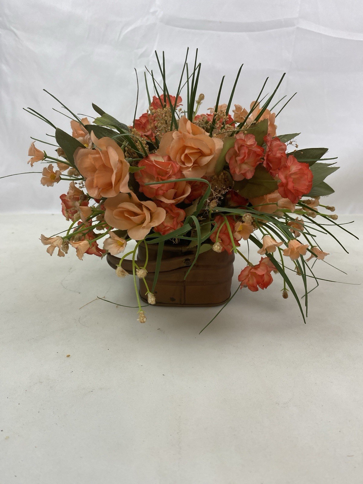 Silk Floral Arrangement Antiqued Small Brass Basket With Faux Flowers