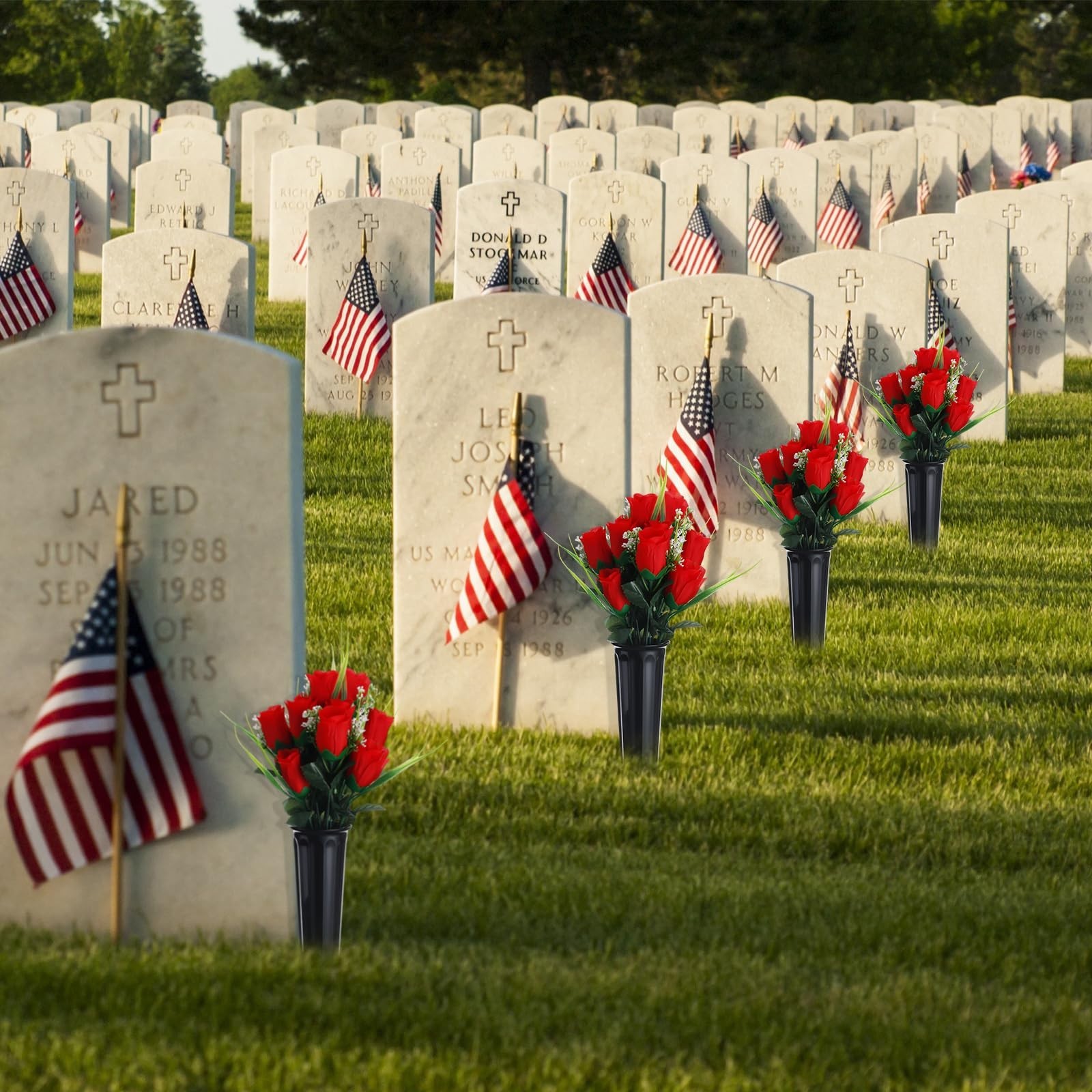 6 Sets Memorial Day Cemetery Flowers with Grave Vase – 12 Bunches Artificial Ros