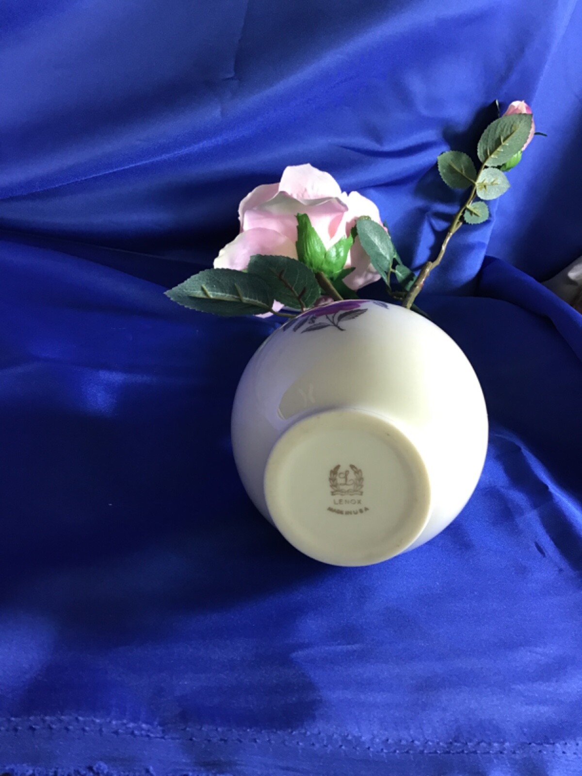 Lenox Vase with Pink Rose & Bud Artificial Flower Arrangement