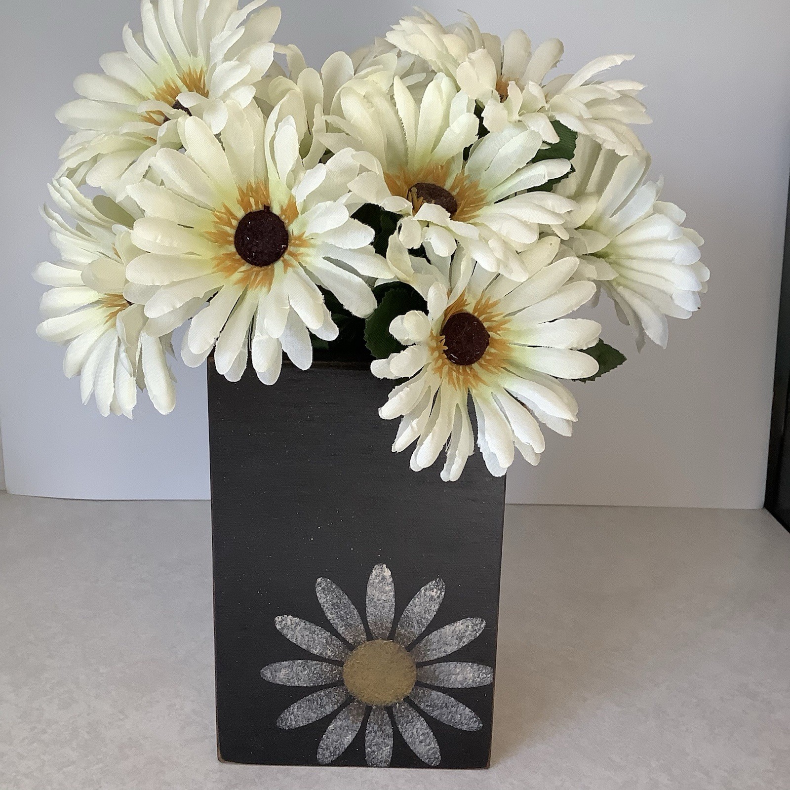 Artificial Flower Arrangement – White Daisies Painted Black Wood Box FOLK ART