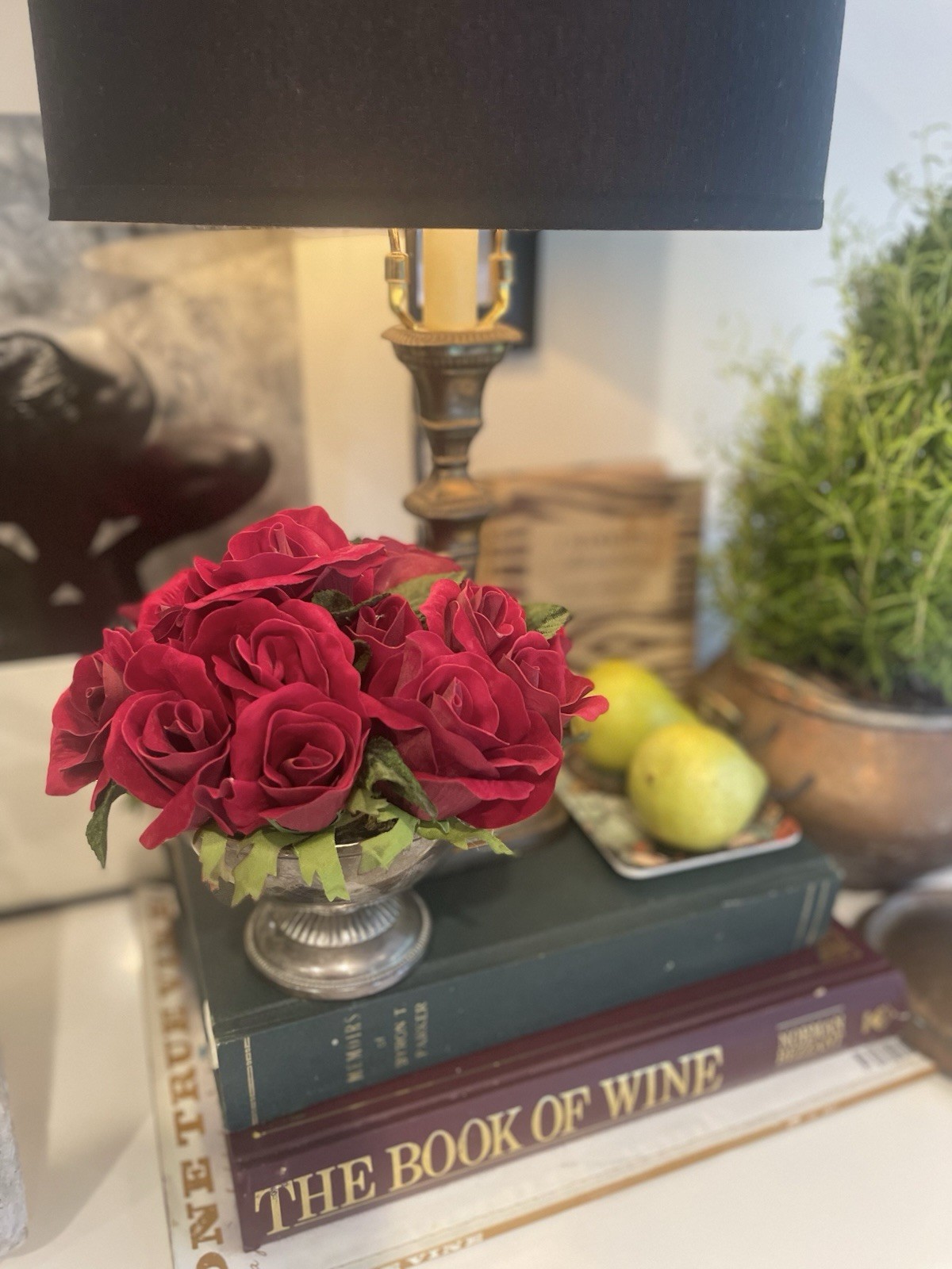 Faux Red Rose Small Arrangement In Aged Silver Pedestal Urn