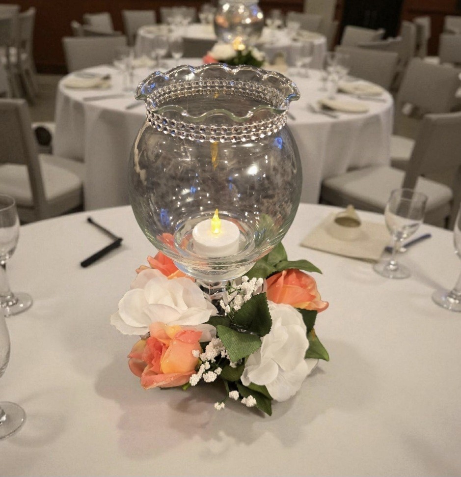 Artificial Flowers Wedding Centerpieces 5 Pc. White, Peach Roses w/Babys Breath