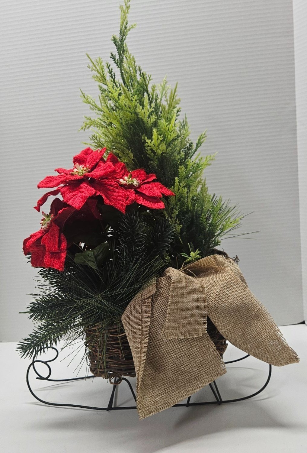 Christmas Sleigh Centerpiece Faux Cedar Pine Poinsettia Burlap Wicker 21in Metal