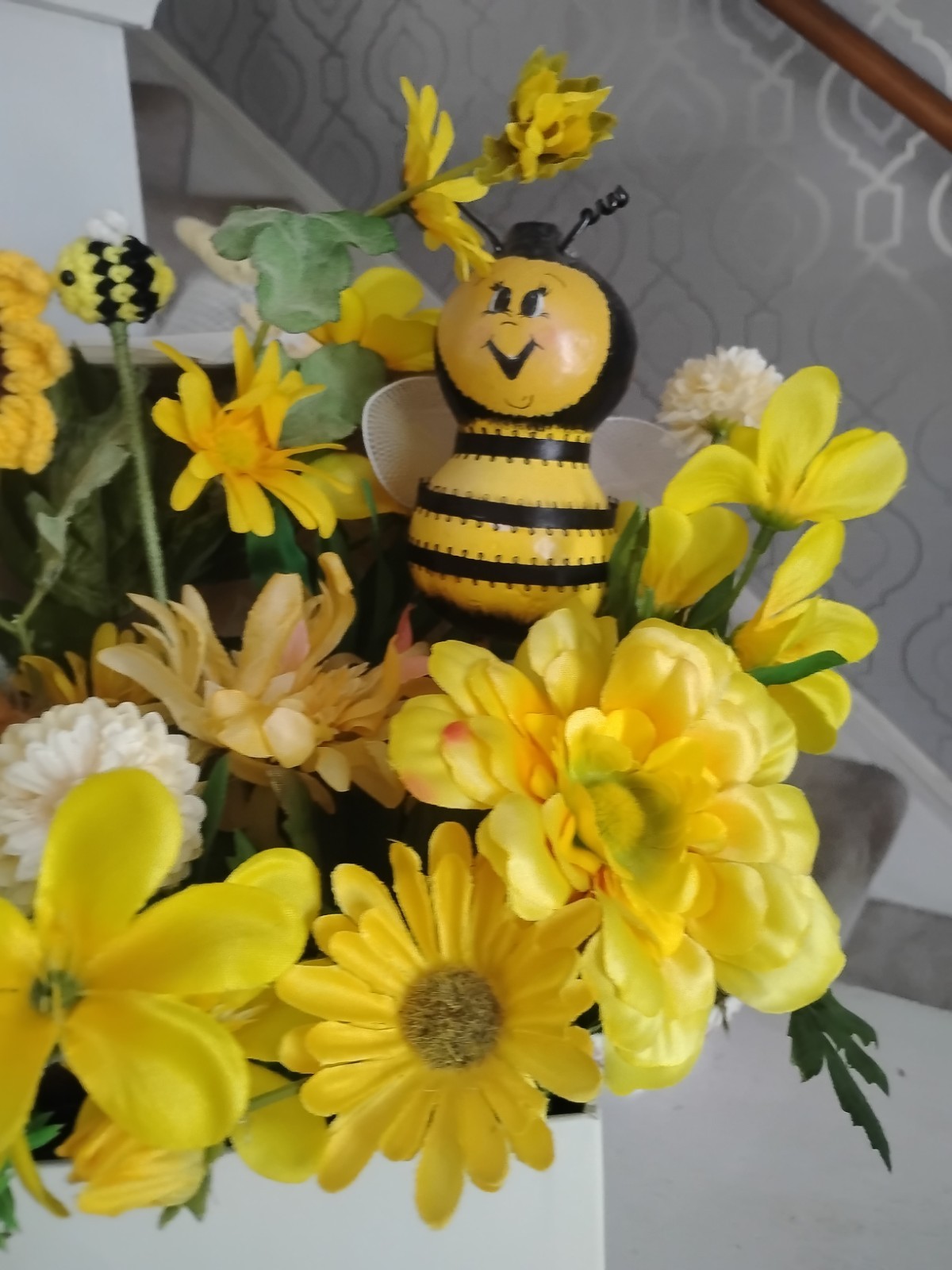 Handmade Sunflower & Bee Centerpiece In A Decorative Box With Floral And Greens,