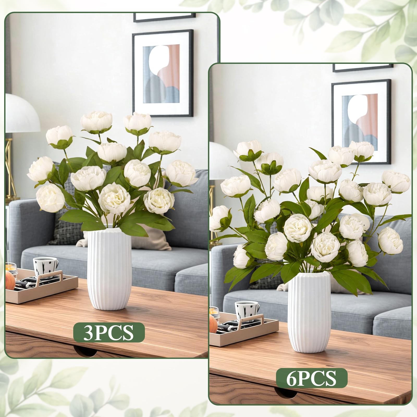 3Pcs Faux Peonies Artificial Flowers 27″ White Peonies Faux Flowers for Vase …