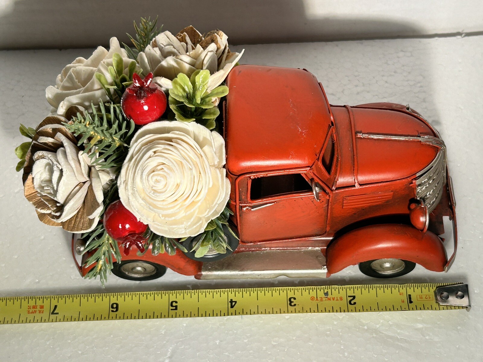 Red Metal Pickup Truck filled with Wood Flowers – home decor, rustic