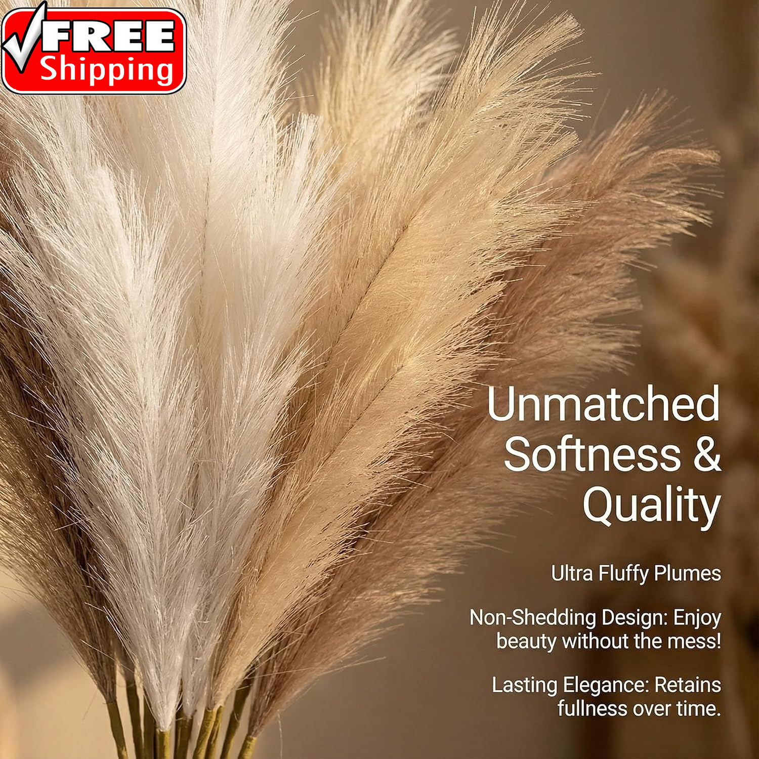 Pampas Grass Decor 21.7 Inch 30Pcs, Faux Pampas Grass White Beige Brown Ultra Fl