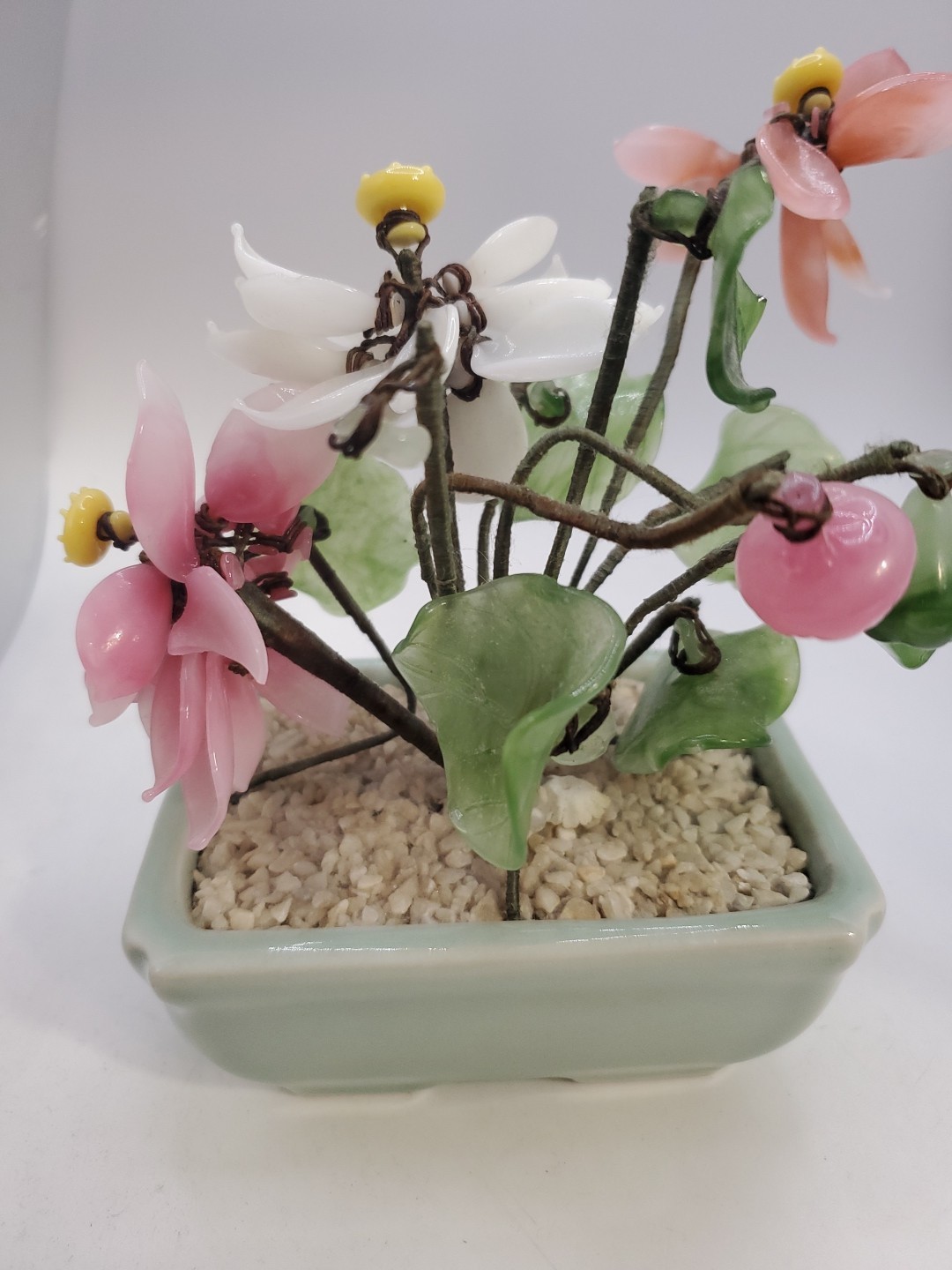 Vintage Glass & Jade Pink Flower Arrangement ~ Set Of 2