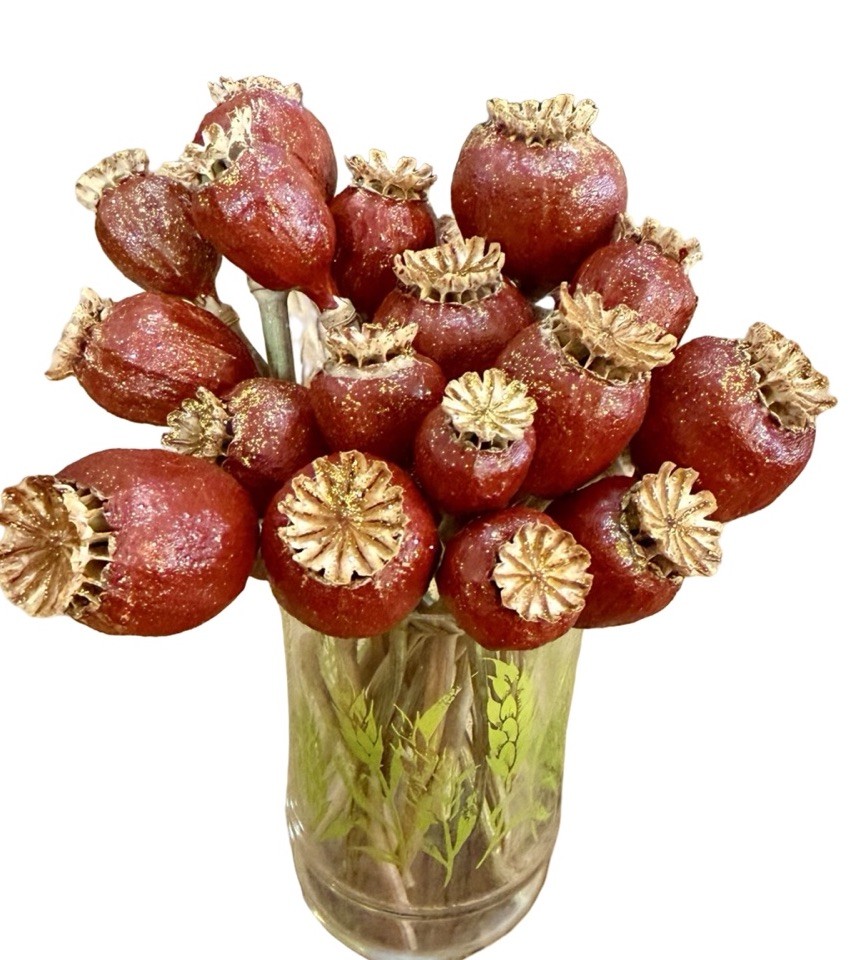 Dried Seed Pods Bouquet Floral Arrangement Centerpiece Decor with VTG GLASS 22
