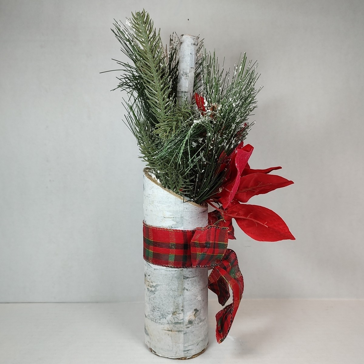 Red Plaid Holiday Christmas Flower Floral Bouquet Arrangement Poinsettia Birch