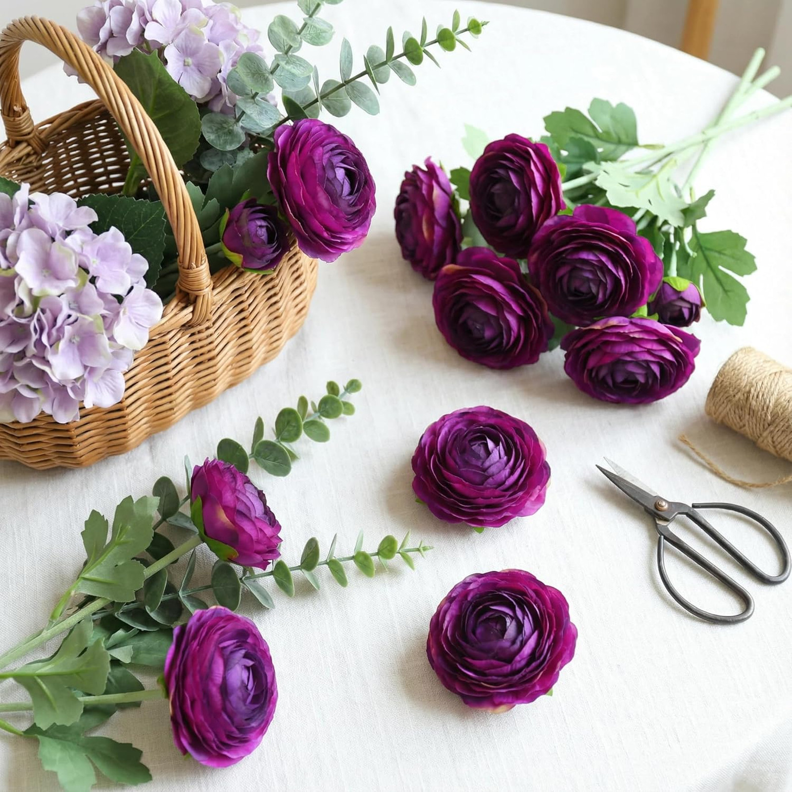 Artificial Ranunculus Flowers Purple 10 Pack Silk Blooming Stems Fuzzy Wired for