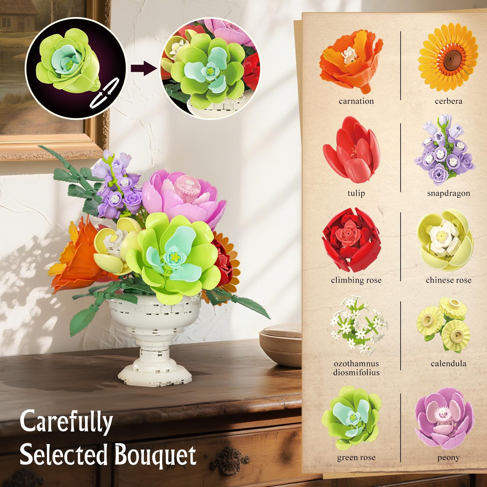 Sinuraii Botanicals Flower Arrangement Building Set, Classic Style Artificial