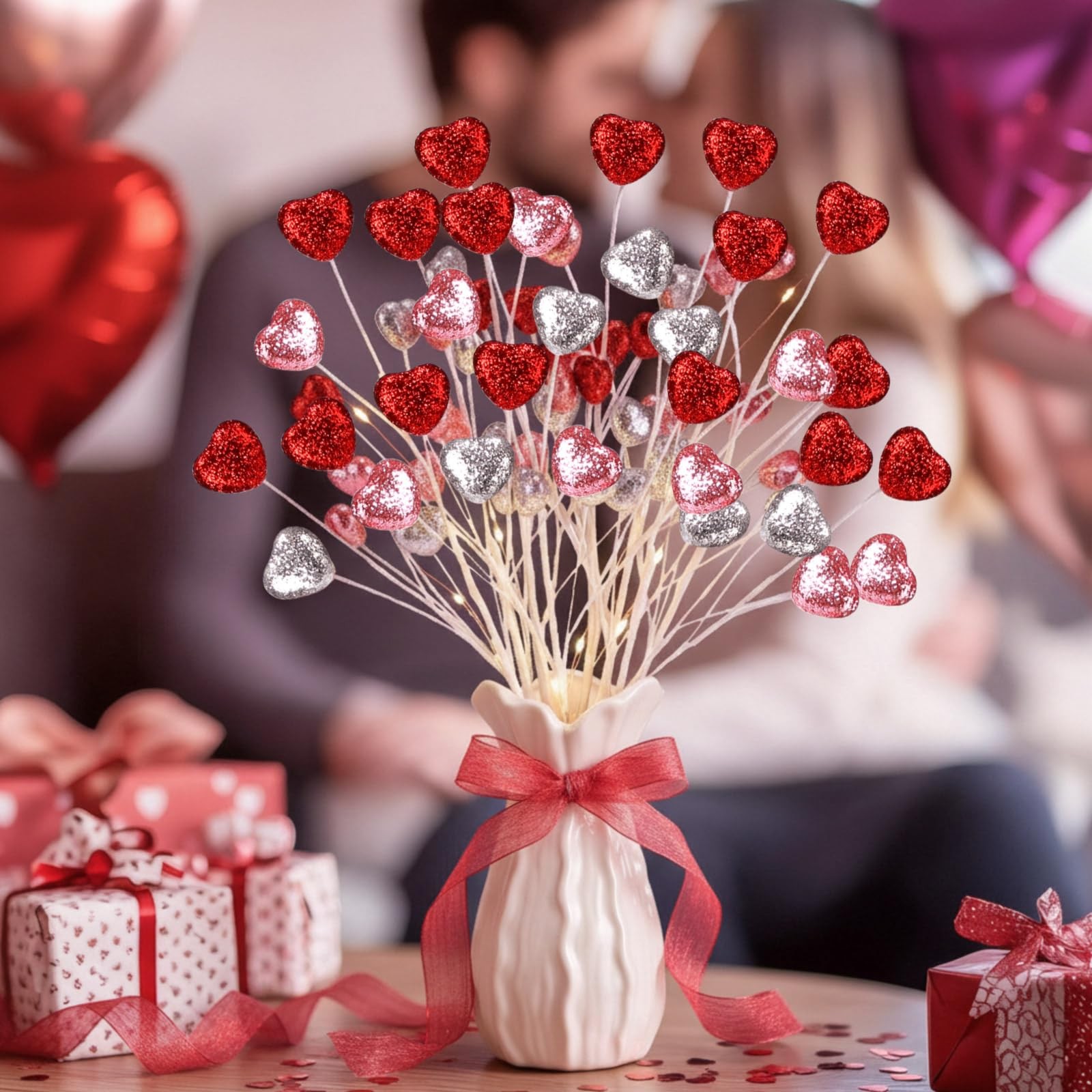 8 Pcs Valentine’s Day Heart Picks 16.5 Inch Glitter Foam Hearts Picks Red Pin…