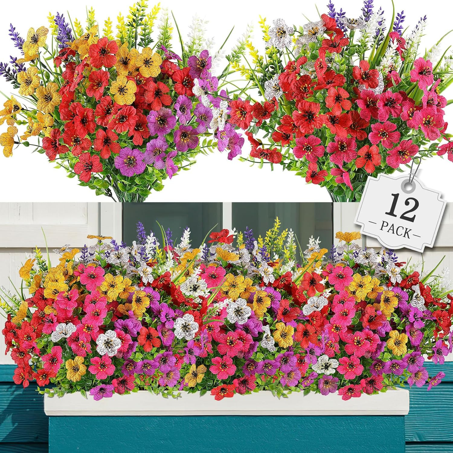 12 Bundles Artificial Flowers for Outdoor,No Fade Fake Plastic Flower Lavender M