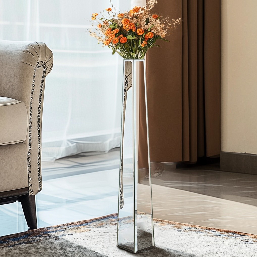 30″ Tall Mirrored Floor Vase Silver Big Vases Home Decorative for Dried Flower