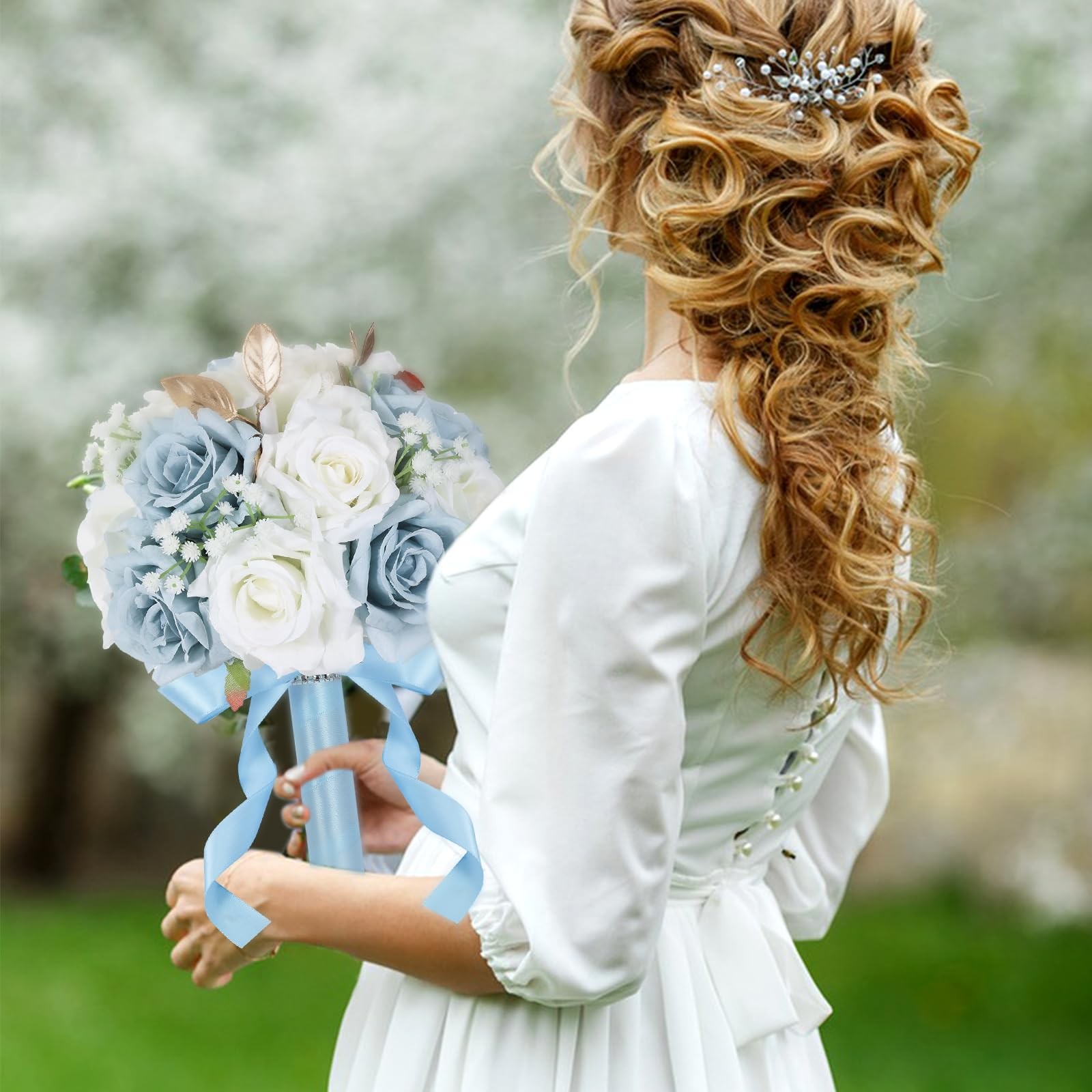 9 Inch Wedding Bouquets for Bride White & Blue Artificial Silk Roses Realistic