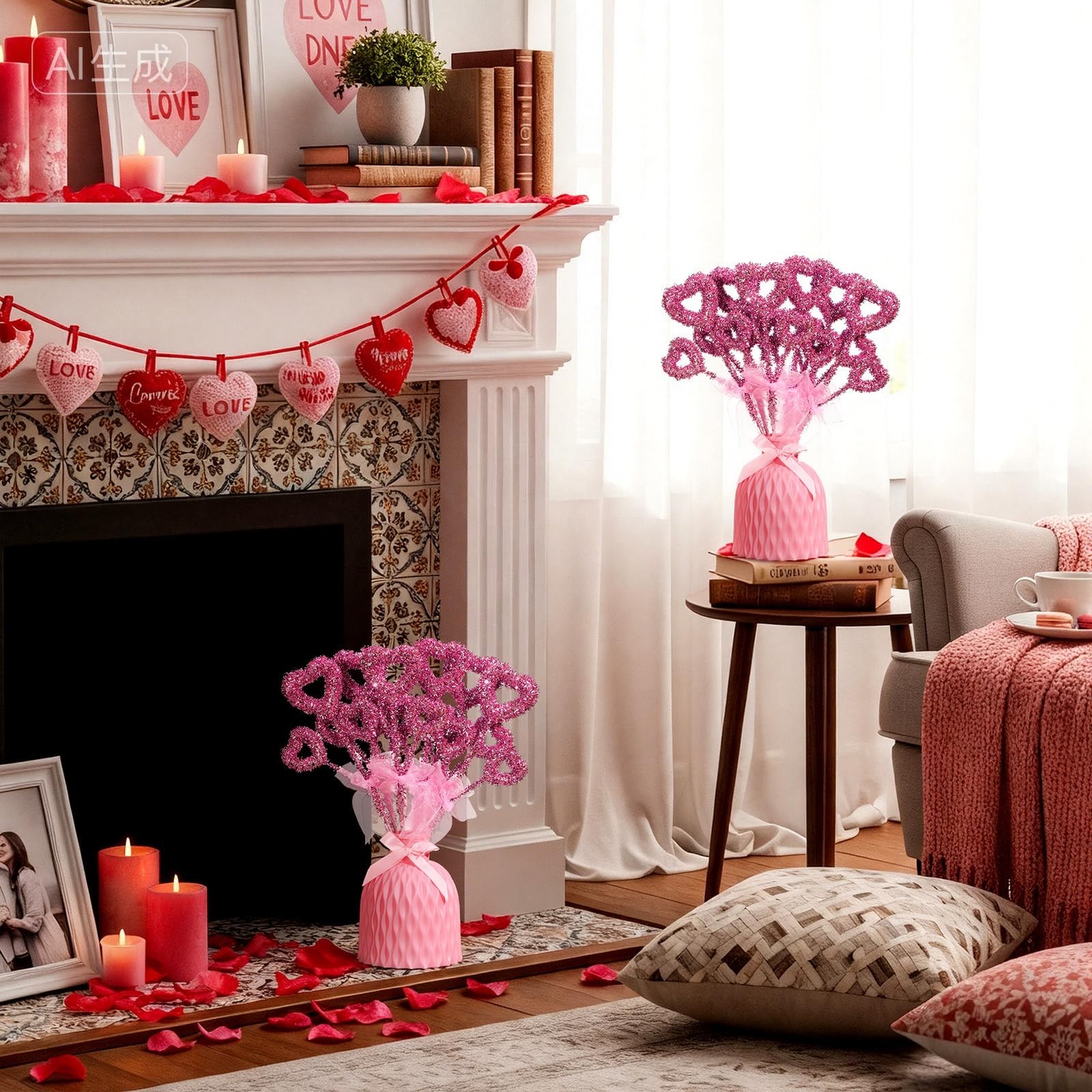 6 PCS 14 Inch Pink Valentine Tree Topper Glitter Tinsel Heart Picks Decor