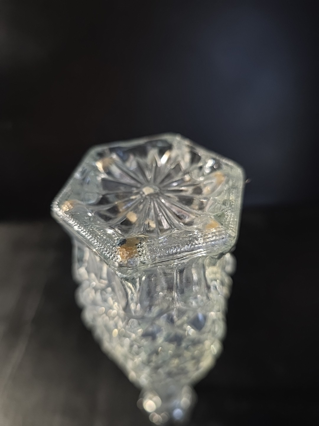 Vtg Indiana Glass Diamond Point Clear Bud Vase 8″ Hexagon Base MCM Pressed Glass