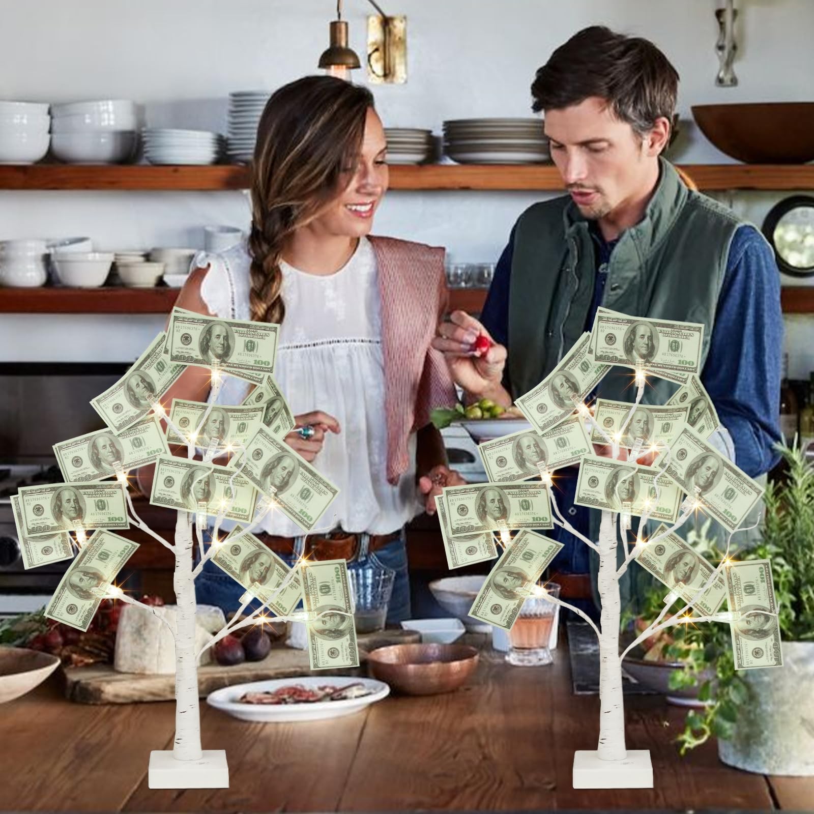 Money Tree Gift Holder, Set of 2 Birch Tree with 12 Clear Clips, Battery/USB …