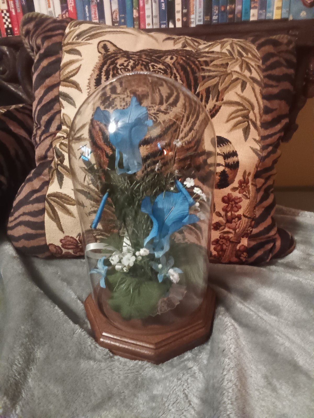 Glass dome blue,green and white artificial flower arrangement,wood base.