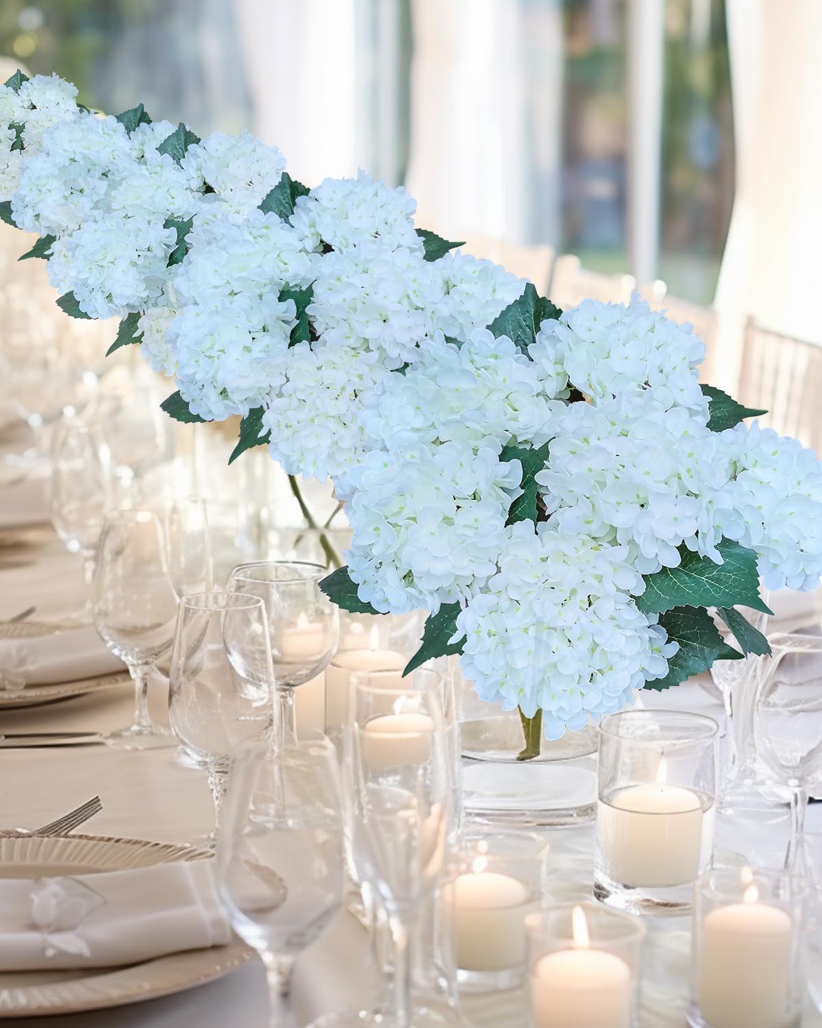 6PCS White Artificial Hydrangea Flowers Silk Faux Bouquets for Wedding & Home