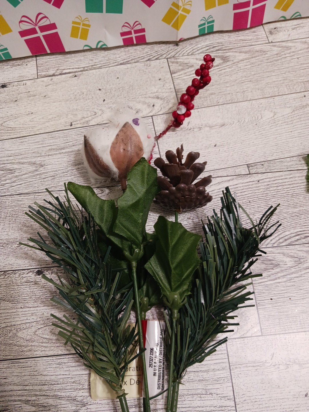 Cotton buds, pine cones, holly berry. Beautiful winter fall flower bouquets