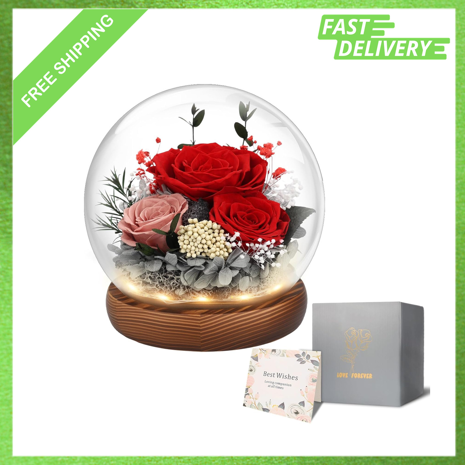 Preserved Flowers for Delivery, Eternal Rose with LED Glass Dome, Gifts for Mom