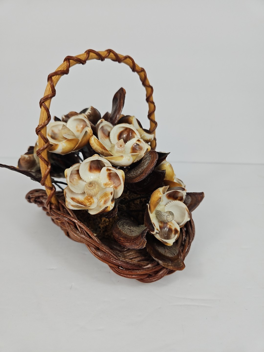 Seashell Art Floral Arrangement In Basket BOHO Vintage handmade decor 6 1/2″tall