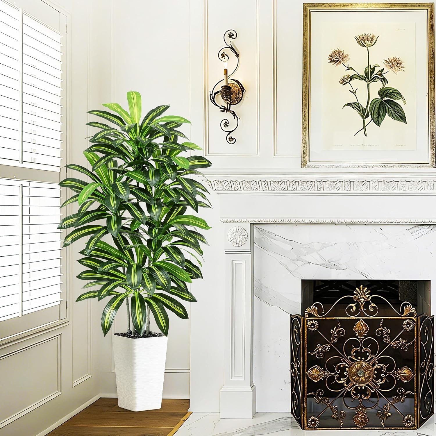 Artificial Dracaena Tree – 5FT Tall Fake Plants with White Tall Planter – Art…