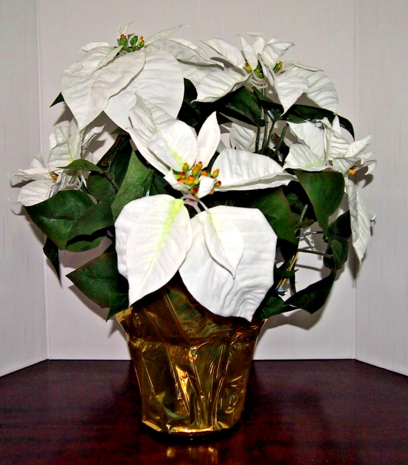 Winter/Christmas Silk Table Top White Poinsettia Plant-Approximately 18″ X 16″