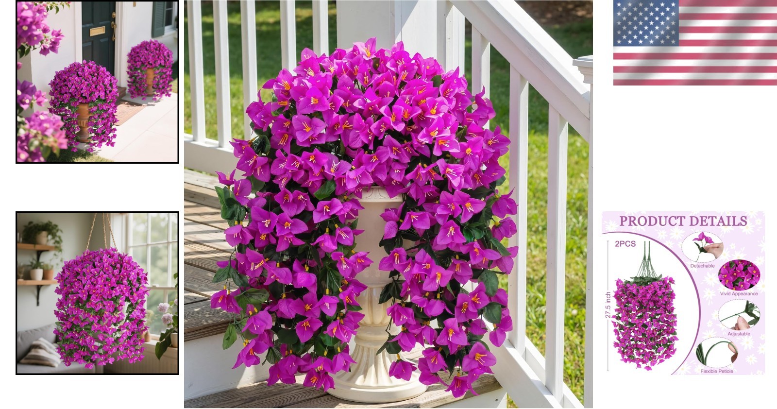 UV-Resistant Faux Bougainvillea Hanging Flowers, 2 Pcs for Vibrant Outdoor Decor