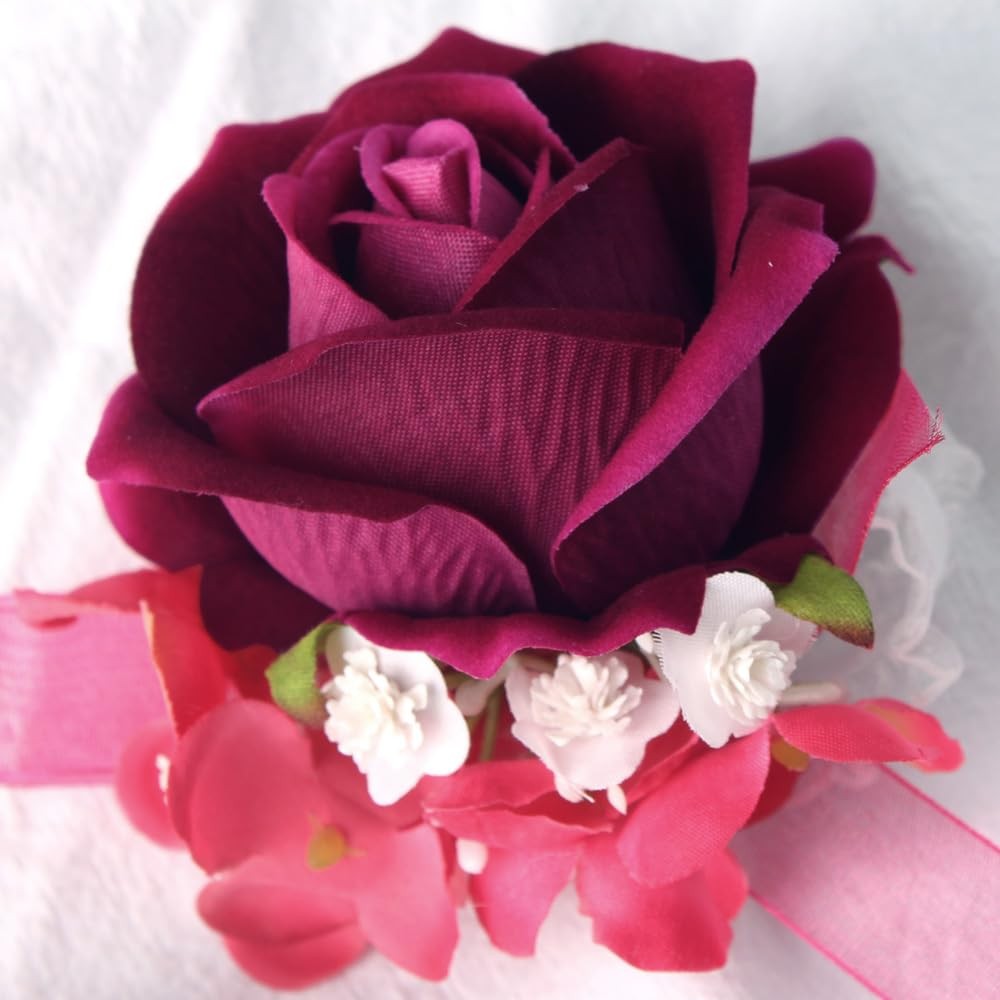 Deep Fuchsia Rose Wrist Corsage Wristlet Boutonniere Set Wedding Prom Flower