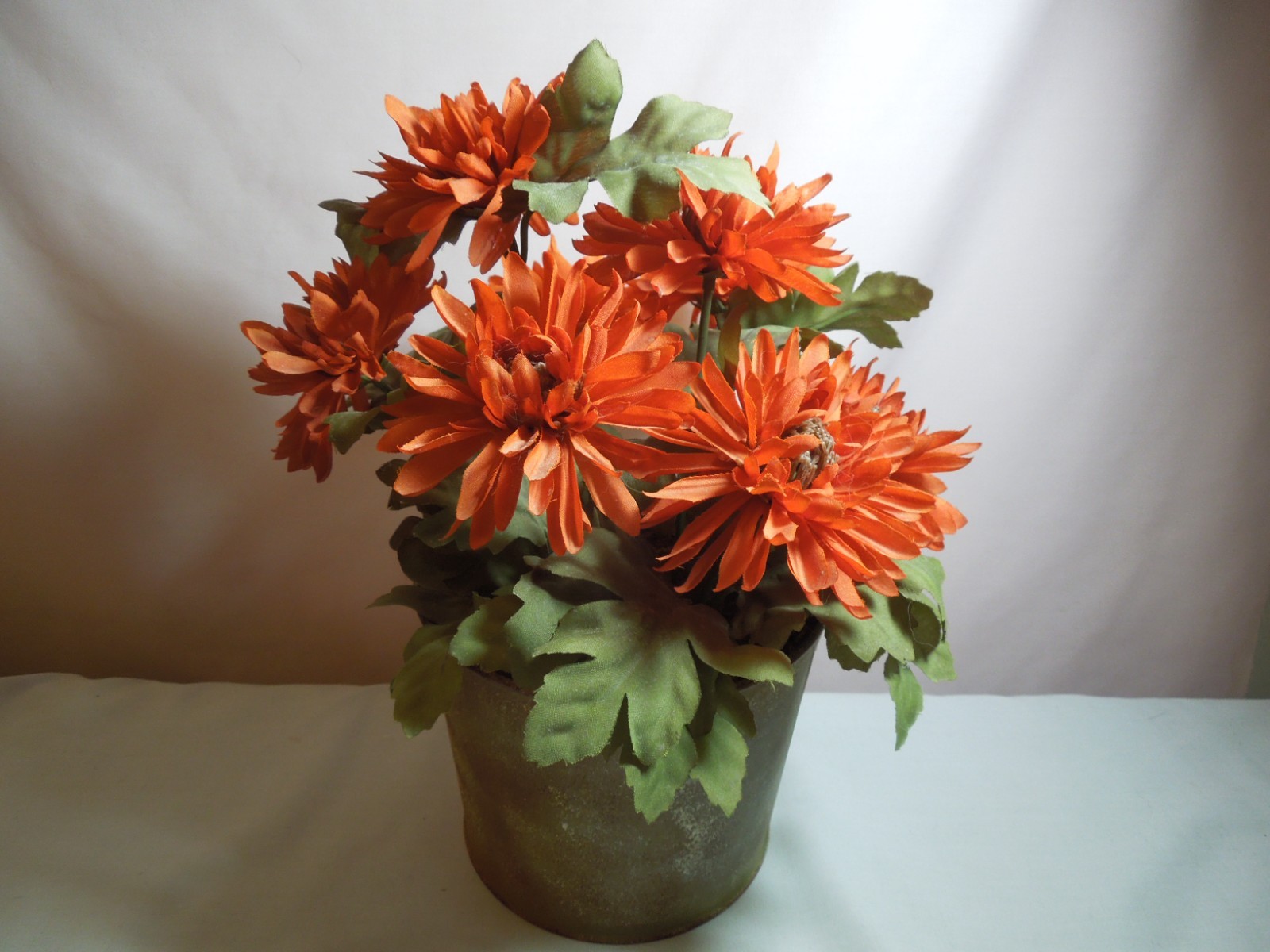 Fall Decoration Artificial Mums in a Rustic Pail with Raffia on Handle