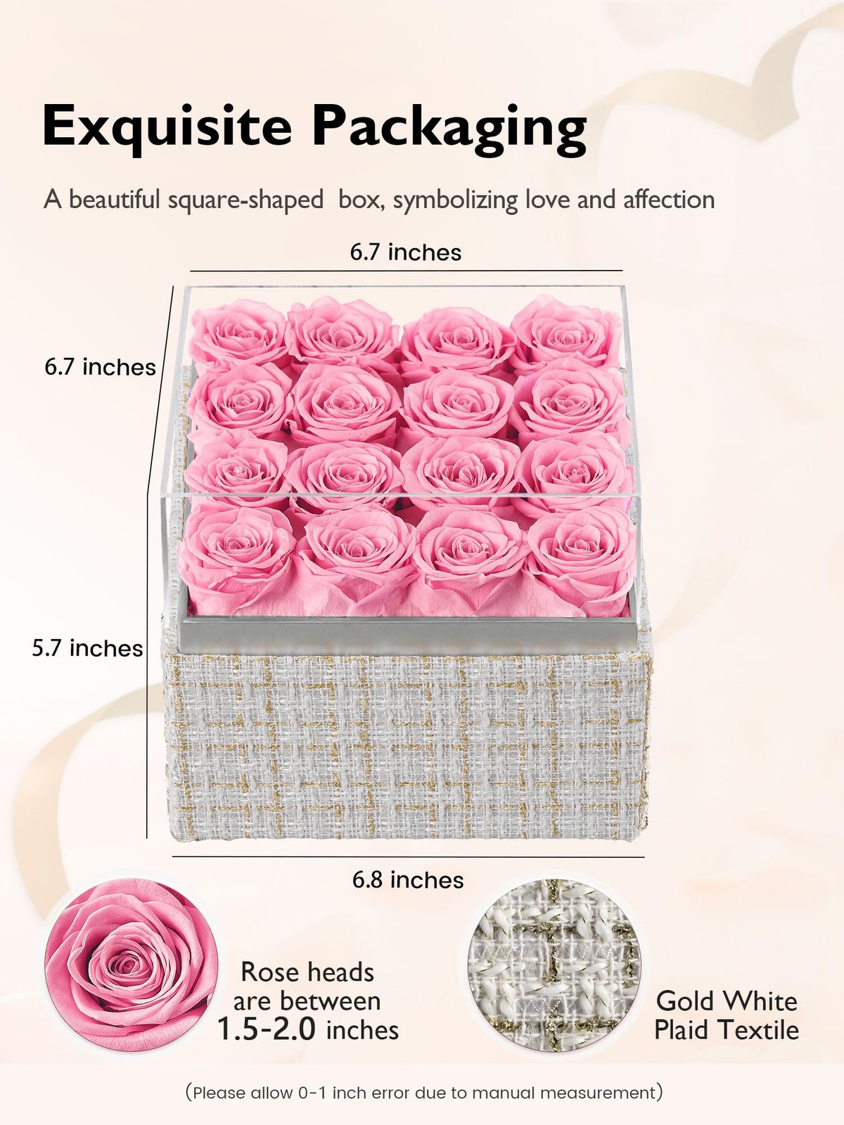 16 PCS Pink Preserved Real Roses Square Gold White Plaid Box Forever Flowers