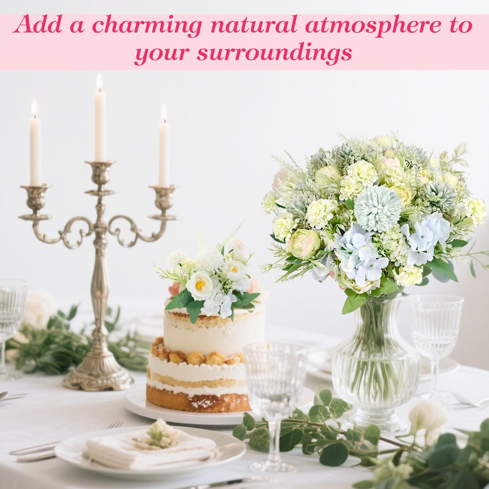 12 PCS Blue Green Peonies Artificial Silk Flowers Fake Bouquet Table Decor