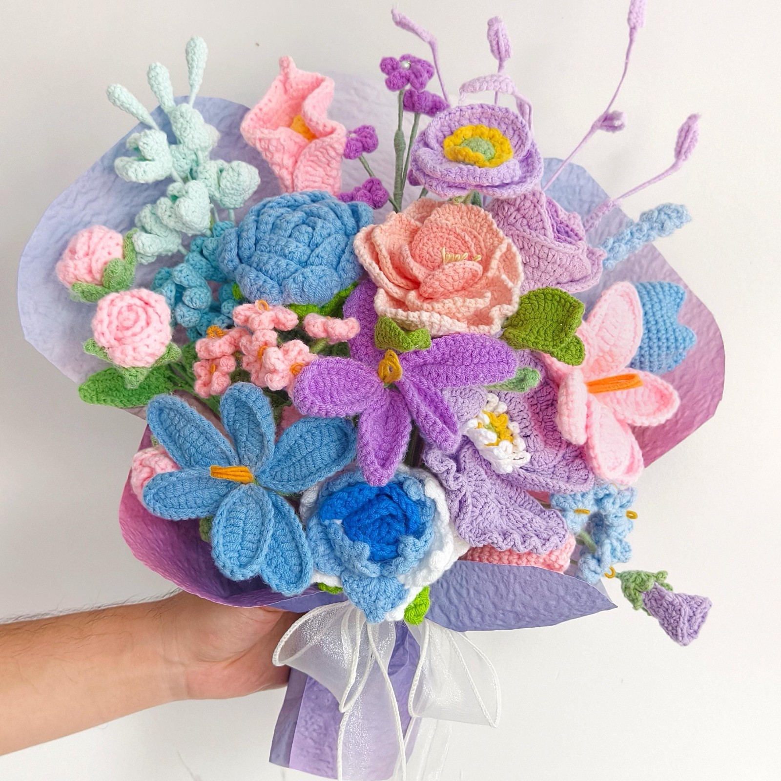 Crochet Flower Bouquet Handmade Rose Tulip Yarn Birthday Anniversary Gift
