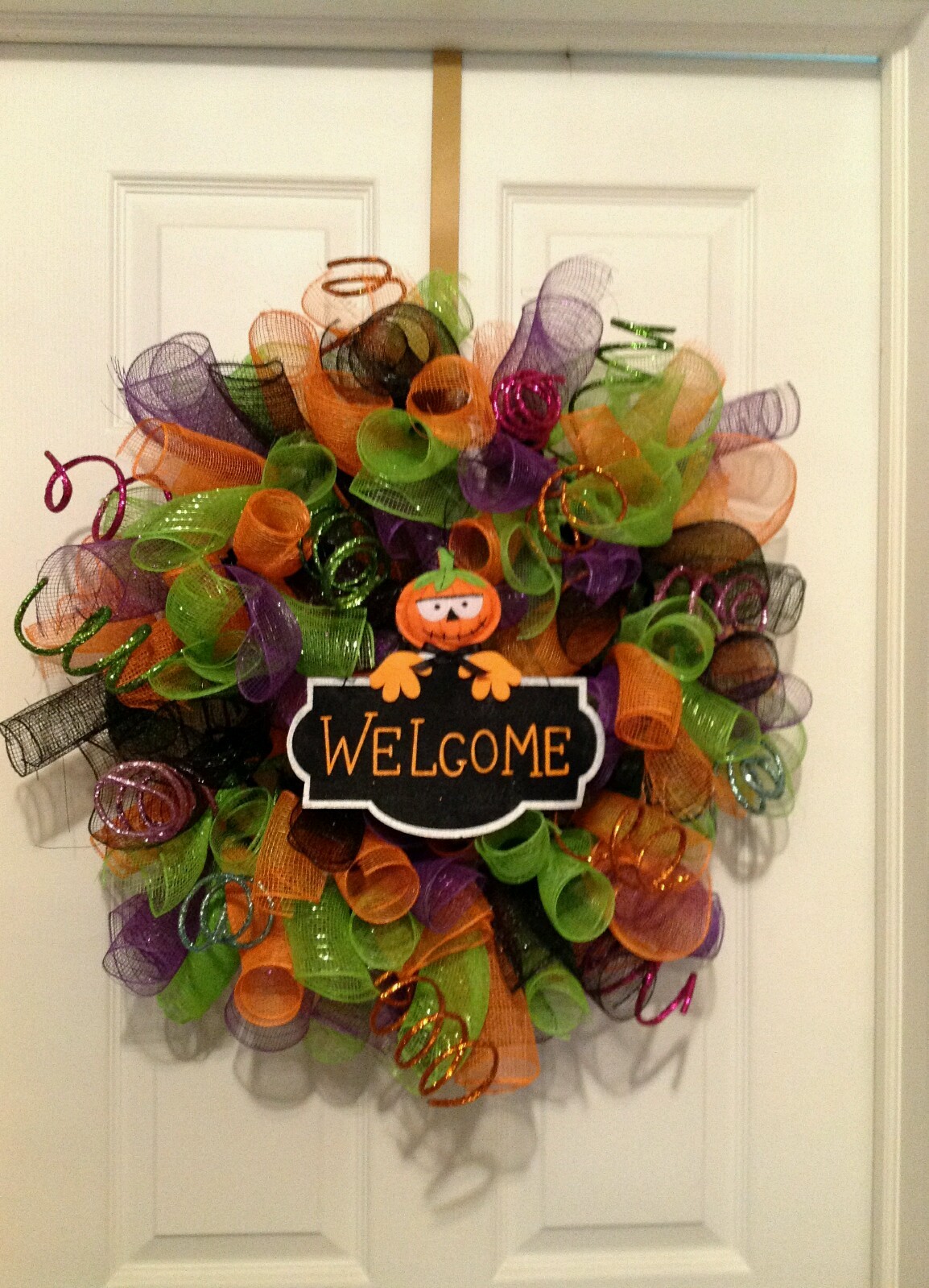 Handmade halloween,fall,pumpkin,orange, purple, green black deco mesh wreath