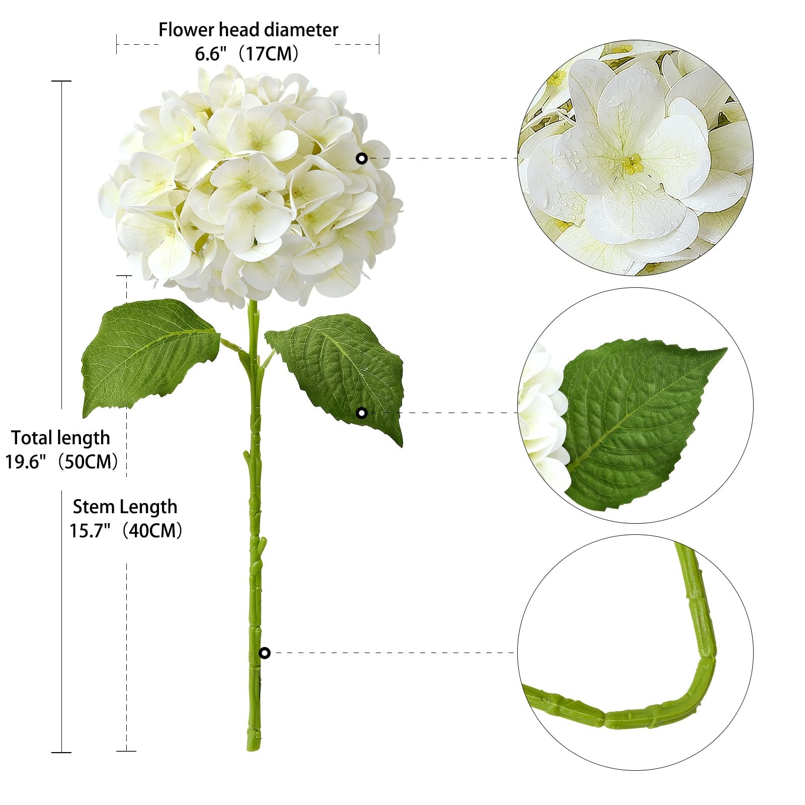 White Silk Hydrangea Artificial Flowers Large Heads With Long Stems Green Leaves