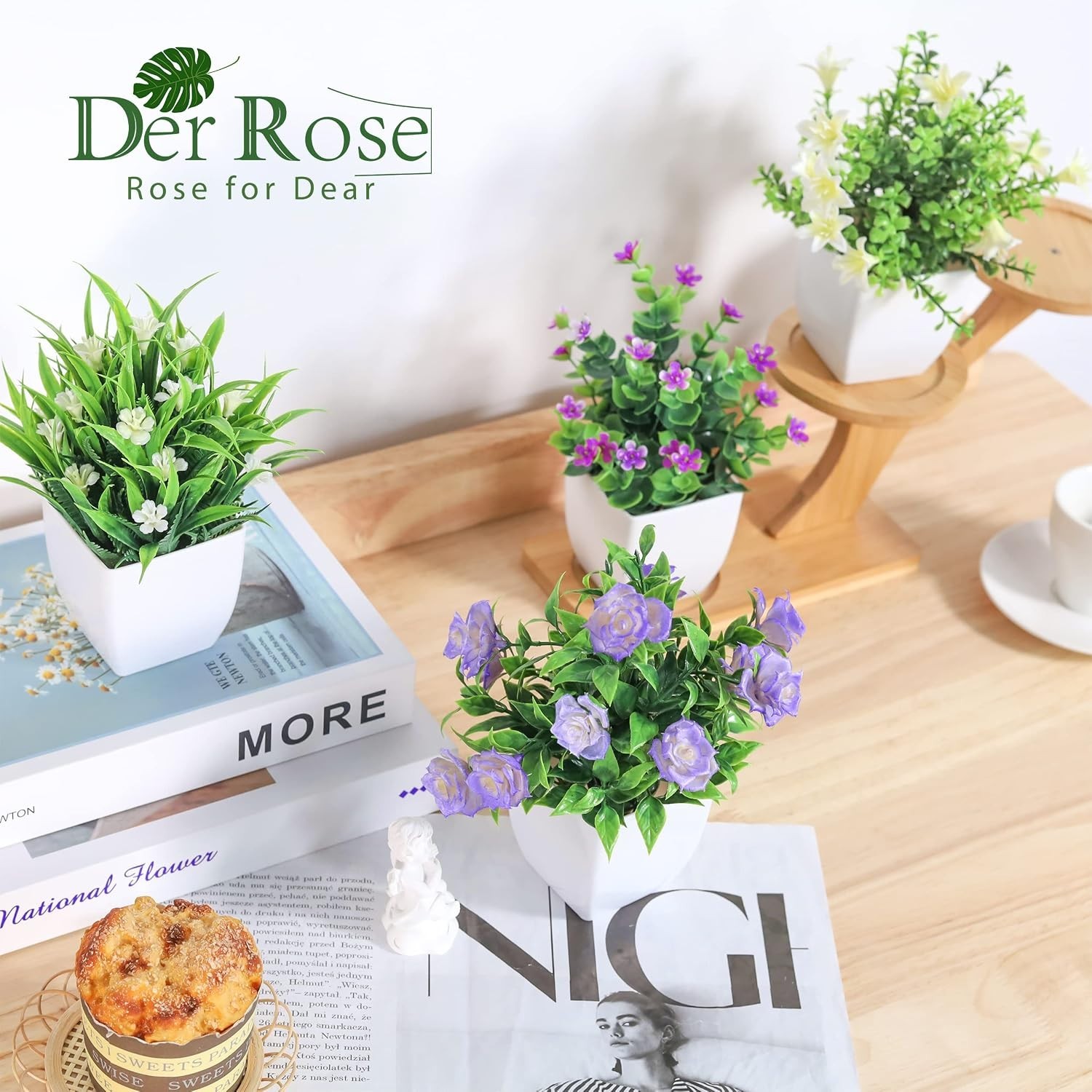4 Pack Small Fake Plants Mini Artificial Faux Plants Indoor with Flowers Spring