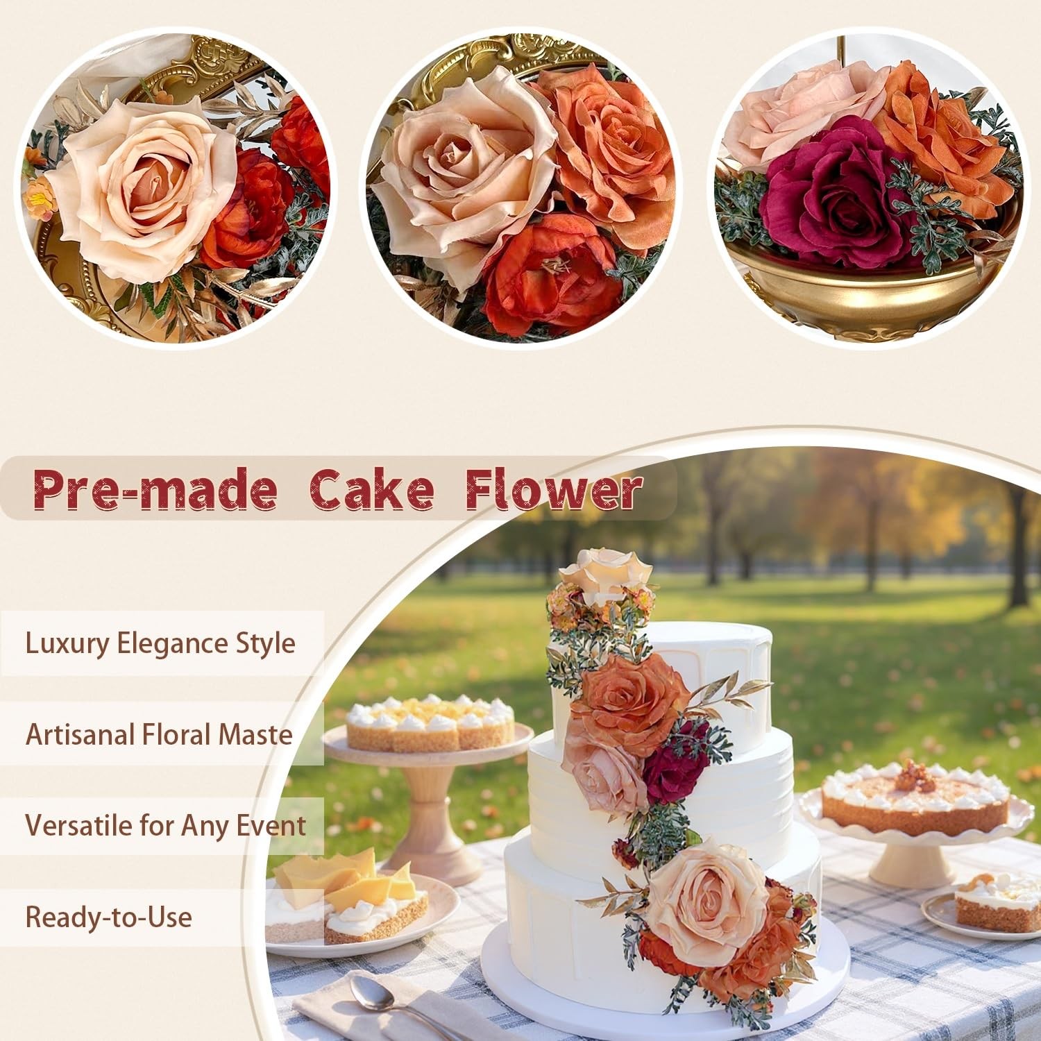 Pre-Made Burnt Orange Silk Flowers for Cakes Decorations Sunset Terracotta Ar…