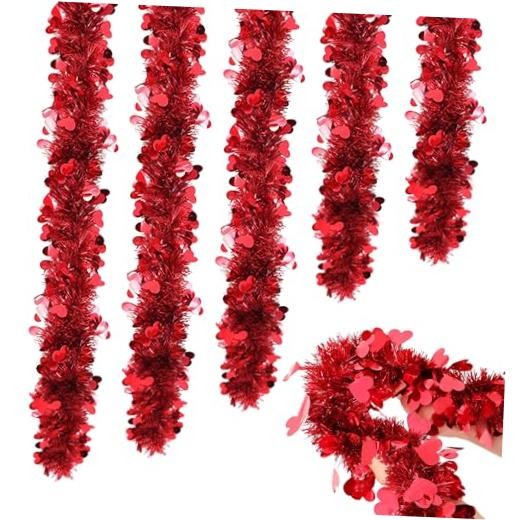 5Pcs 33Ft Valentine’s Day Tinsel Garland, Red Heart Metallic Tinsel Twist