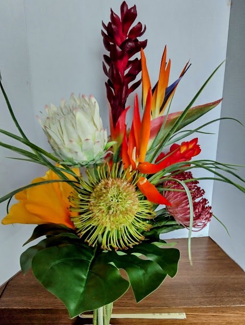 Artificial tropical floral vase arrangement