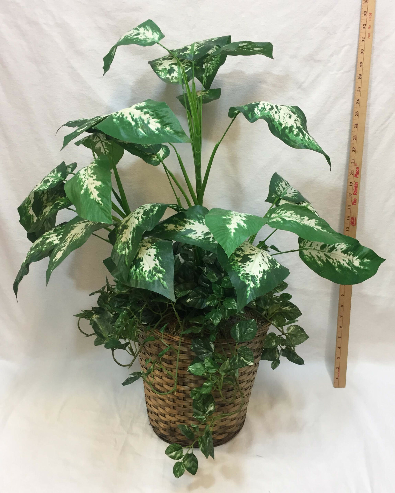30″ Artificial Dieffenbachia & Ivy Plants Potted Bush Palm In Basket Realistic