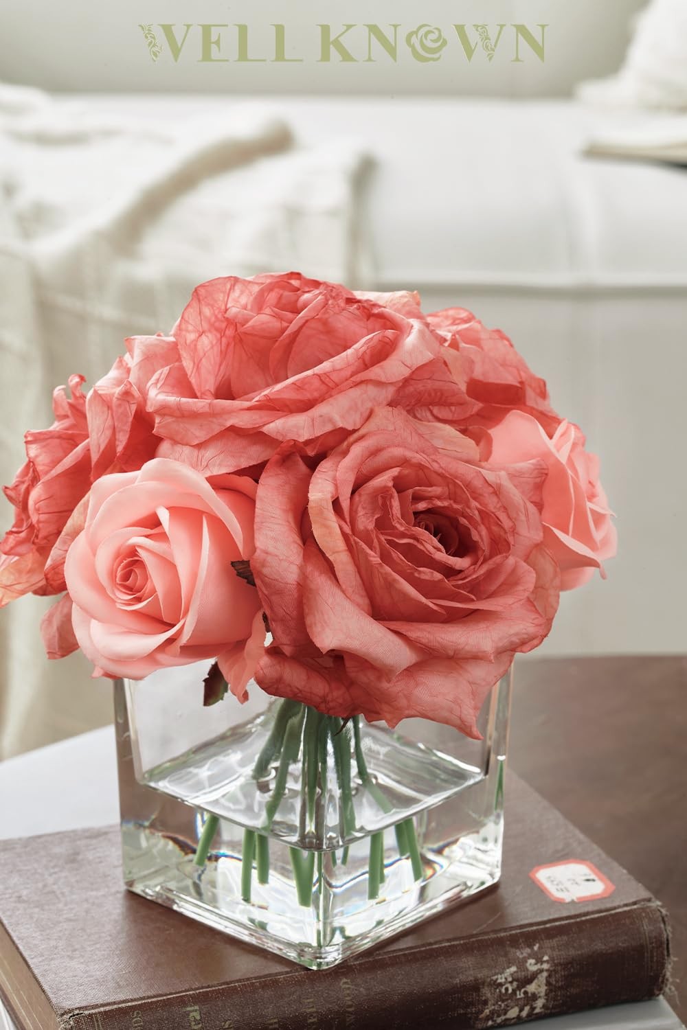 Artificial Silk Rose Flower In Vase With Faux Water Pink Table Centerpiece