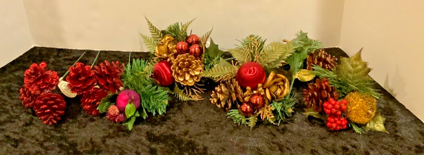 Lot of 7 VINTAGE Floral Pine Cone & Beaded & Fruit Basket Pick Decorations