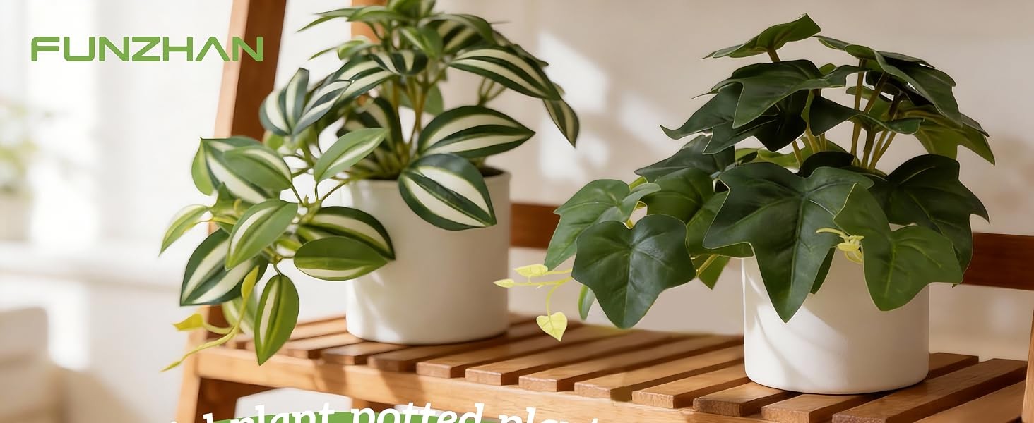 2Pcs Small Fake Plants, Artificial Mini Faux Potted Plant with White Pot,